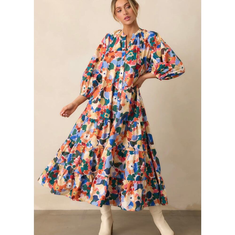 PROSPERINA ADELAIDE ORANGE MULTI FLORAL PRINT COTTON MAXI DRESS - Picture 2 of 8